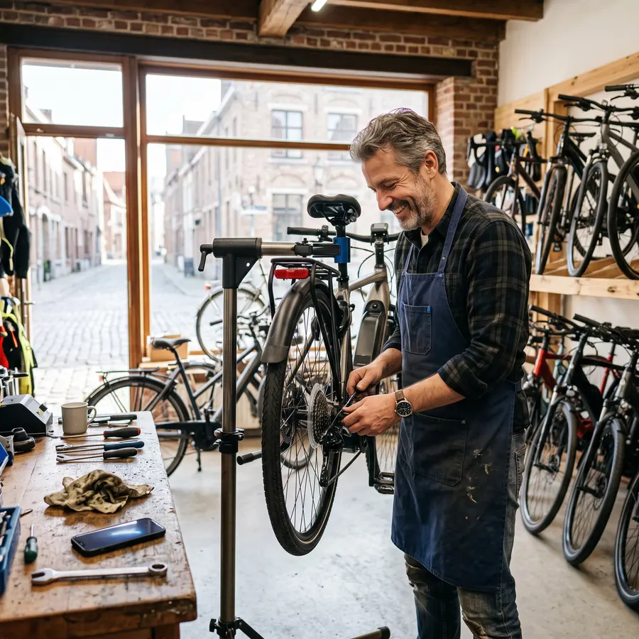 Eigenaar van een fietsenwinkel herstelt een e-bike in zijn winkel