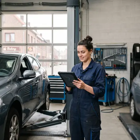 Mecanicien bekijkt afspraken op een tablet in een moderne garage