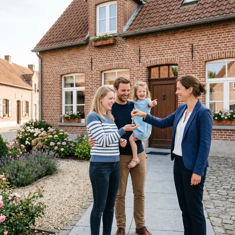 Makelaar overhandigt de sleutels aan een jong gezin voor hun nieuwe huis