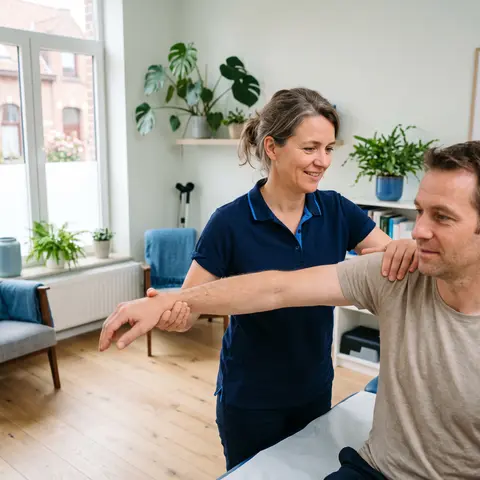 Kinesitherapeute behandelt de schouder van een patiënt