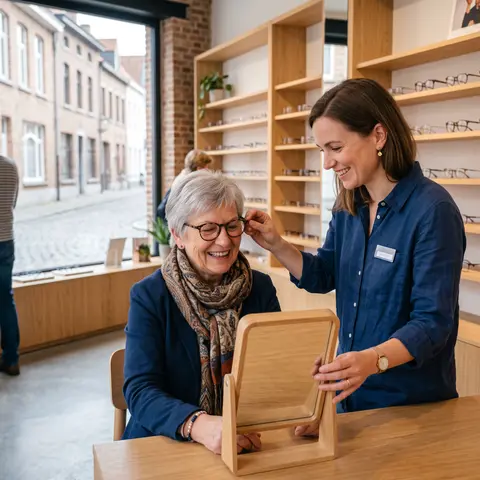 Opticien helpt een klant een nieuwe bril te passen