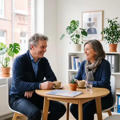 Verzekeringsmakelaar in een ontspannen gesprek met een lokale ondernemer