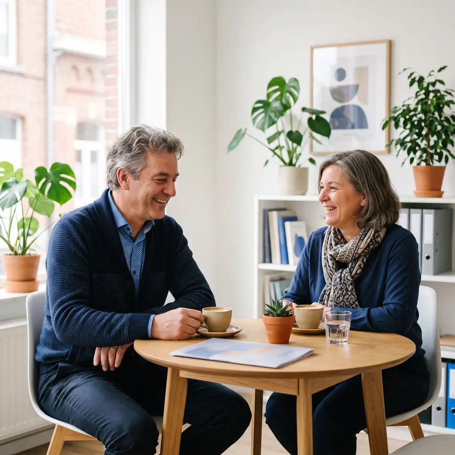 Verzekeringsmakelaar in een ontspannen gesprek met een lokale ondernemer