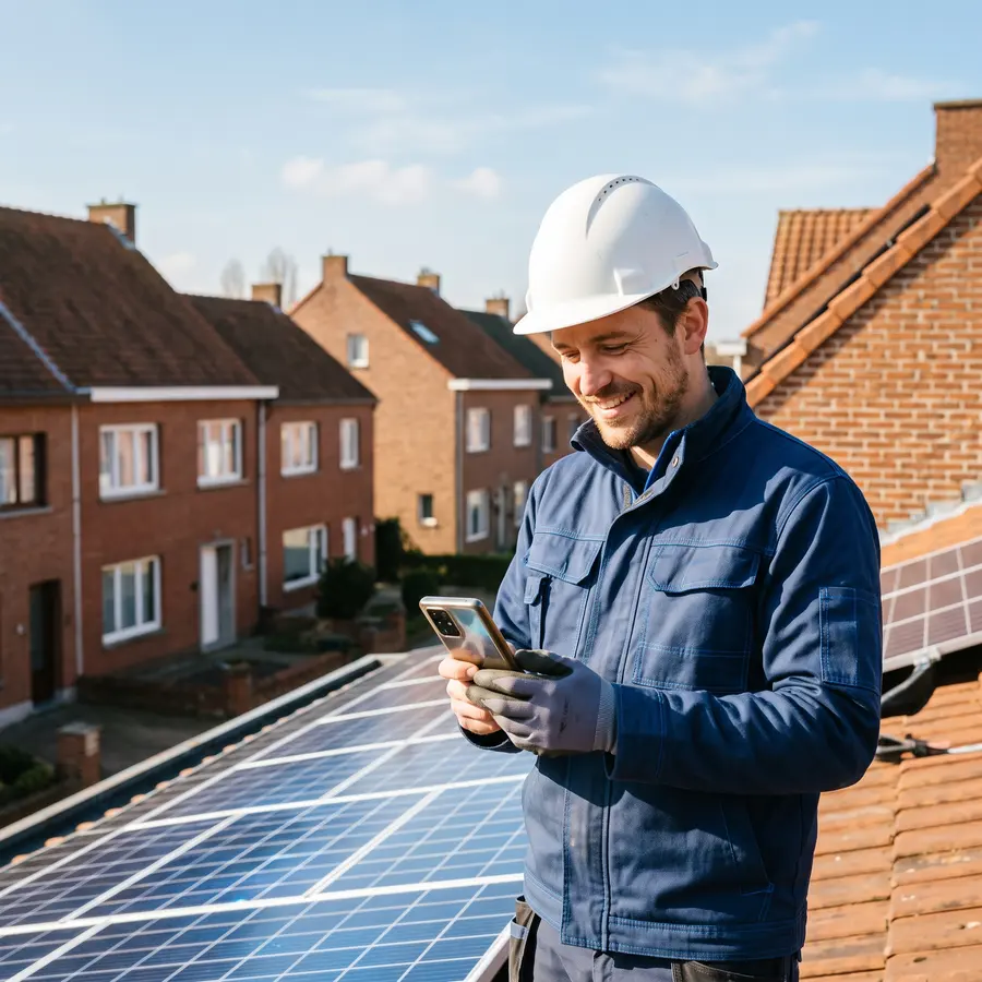 Installateur op een dak met nieuwe zonnepanelen in een Vlaamse straat